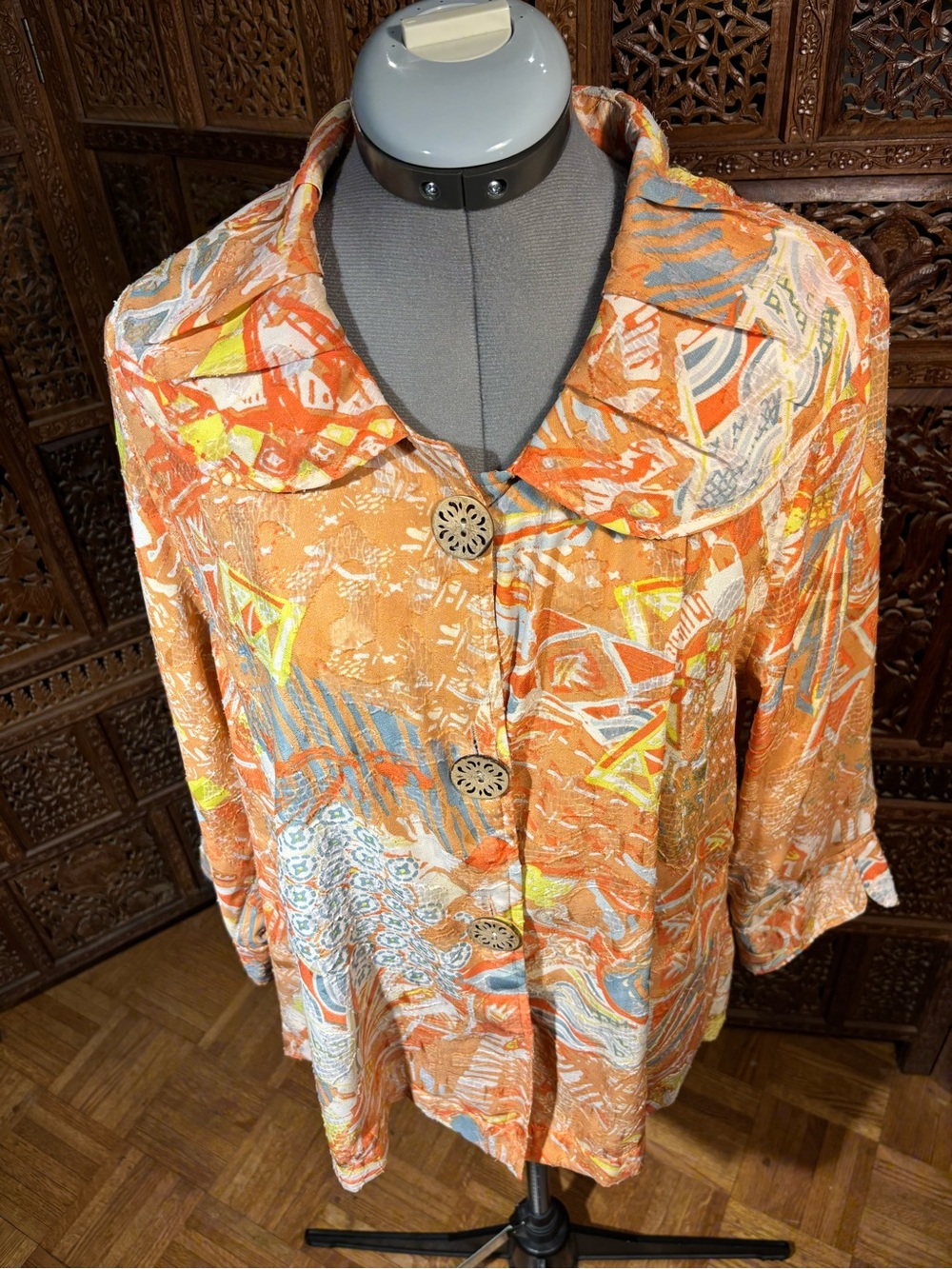 Multiples Orange Multi-Pattern Button Front Blouse - Picture 2 of 6